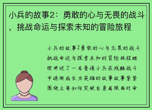 小兵的故事2：勇敢的心与无畏的战斗，挑战命运与探索未知的冒险旅程